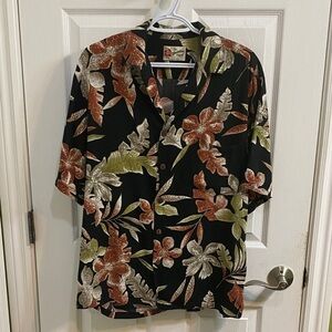 Vintage Hilo Hattie Shirt Black Green Floral Hawaiian Button Casual Mens Medium